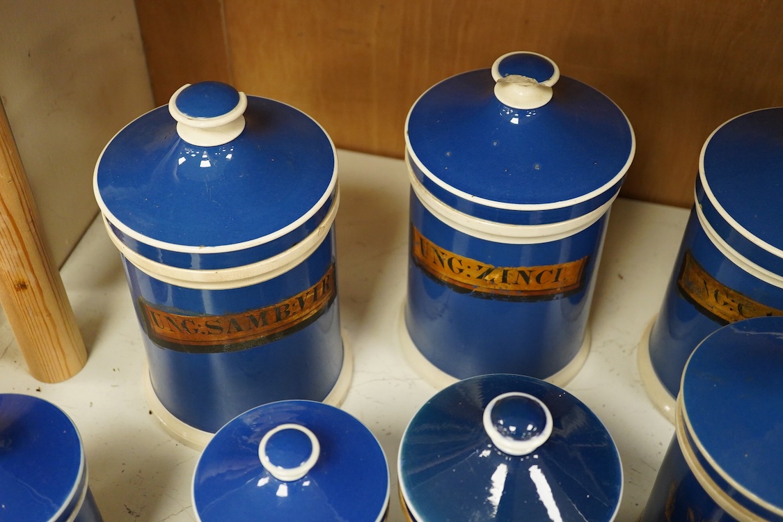A collection of thirteen 19th/early 20th century blue ceramic lidded apothecary jars, with labels painted onto gilt panel, examples including; Ung: Zinci., Ung: Samb: Vir., Ung: Resin:, Ol: Palmae., etc. tallest 24.5cm,